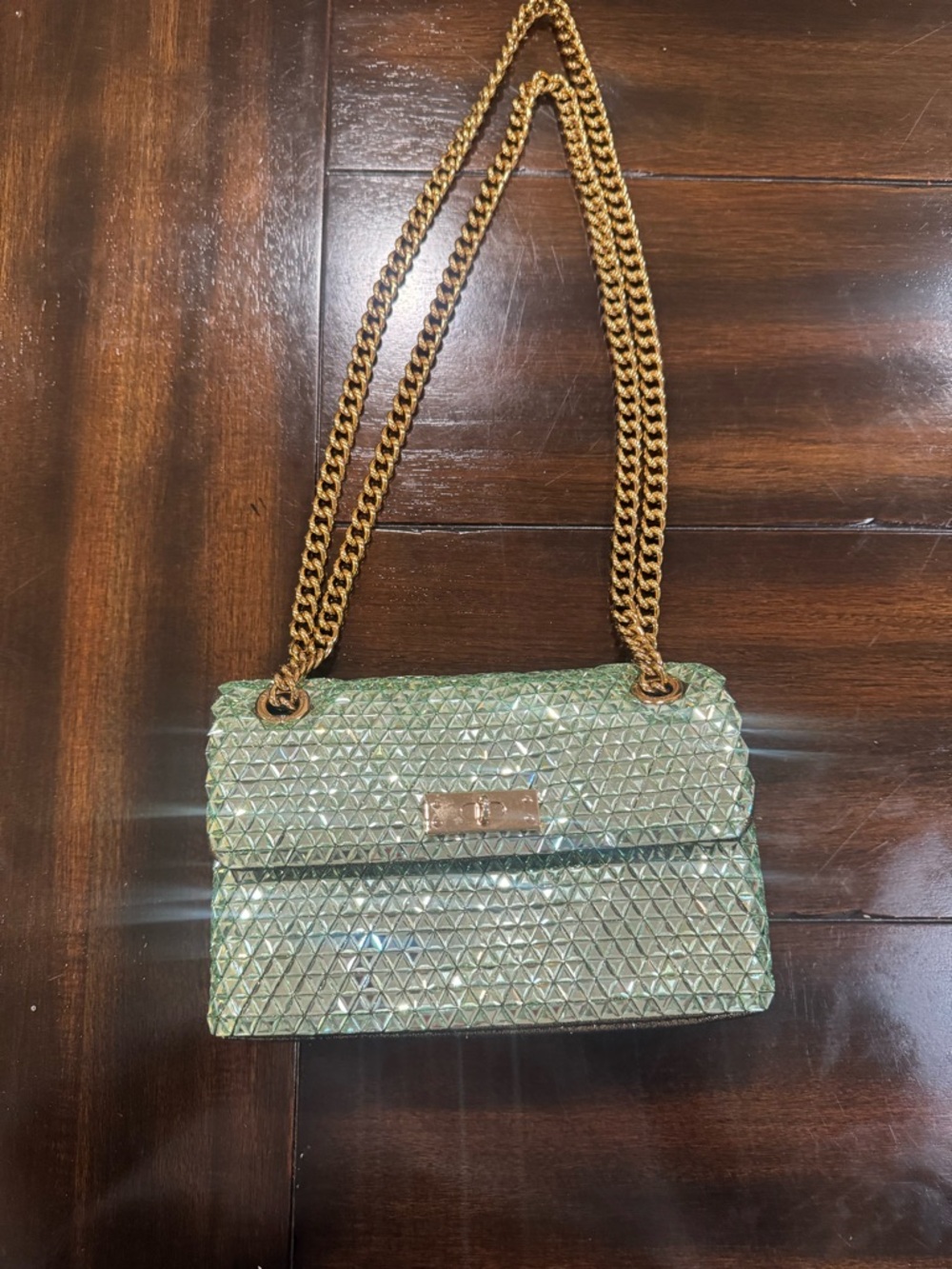 Kurt Geiger Green Crystal Crossbody Bag with Gold Chain
